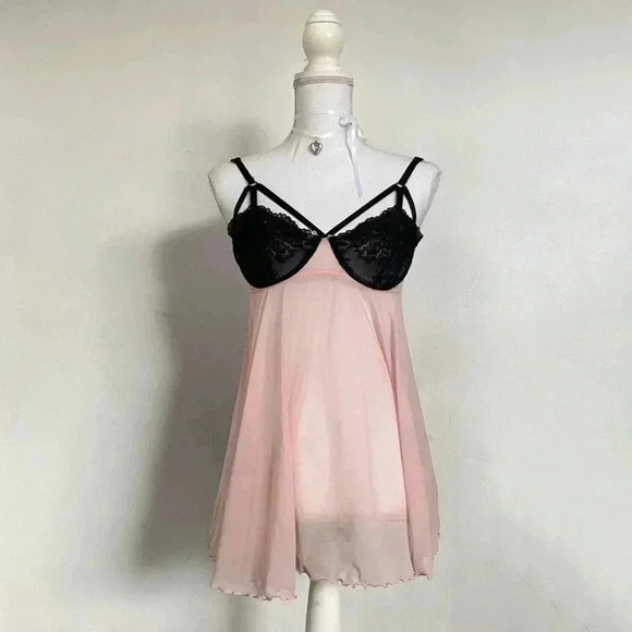None Tops - Pink & black lace lingerie dress.